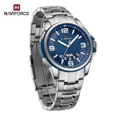NAVIFORCE 9215 Men Wristwatch Top Brand Luxury Waterproof Watch Original Stainless Steel Sport Military Quartz Male Clock - Silver Blue